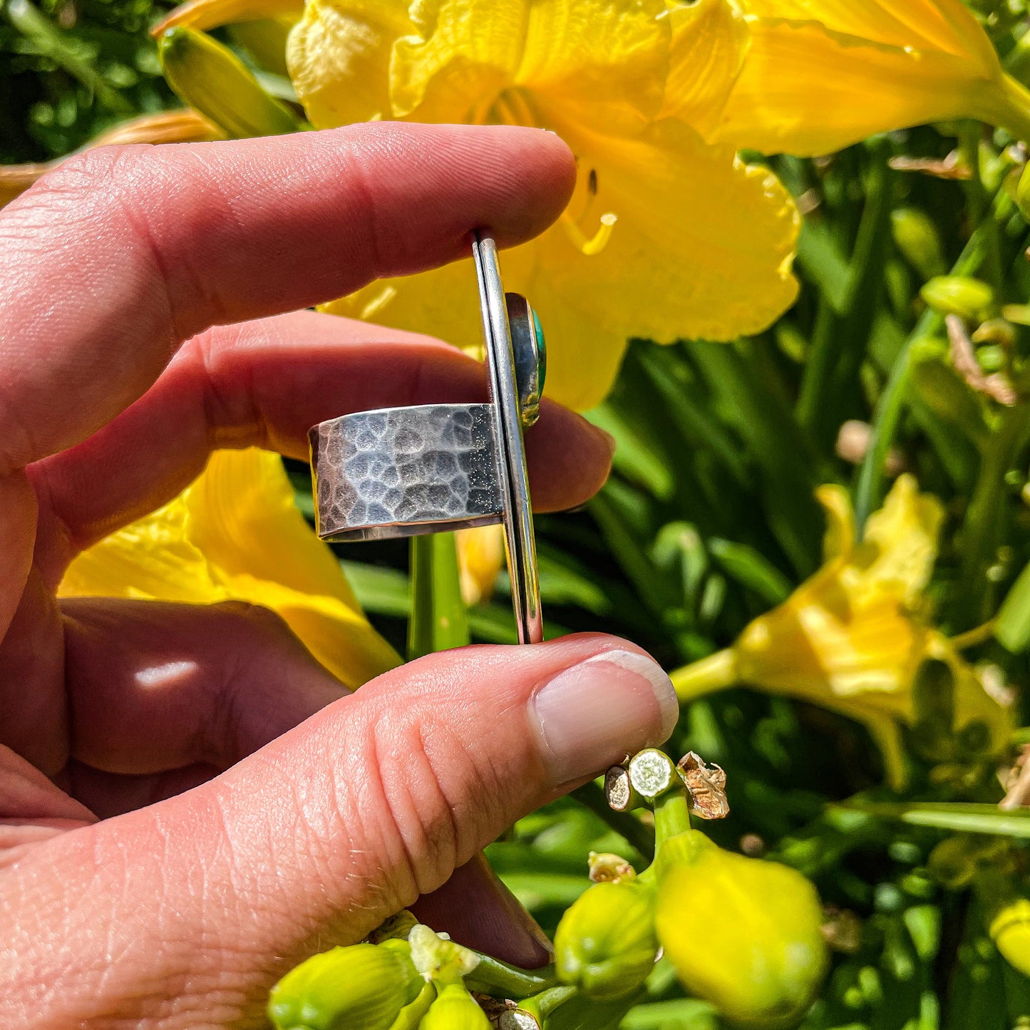 Thick Hammered Sterling Silver Ring with a Little Prickly Pear Cacti and Turquoise Stone (Size 8.5)