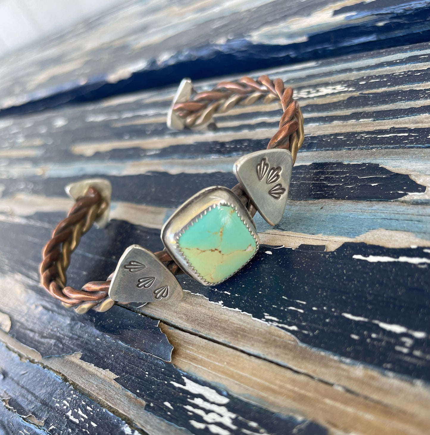 Mixed Metal “braided” cuff with Carico Lake Turquoise