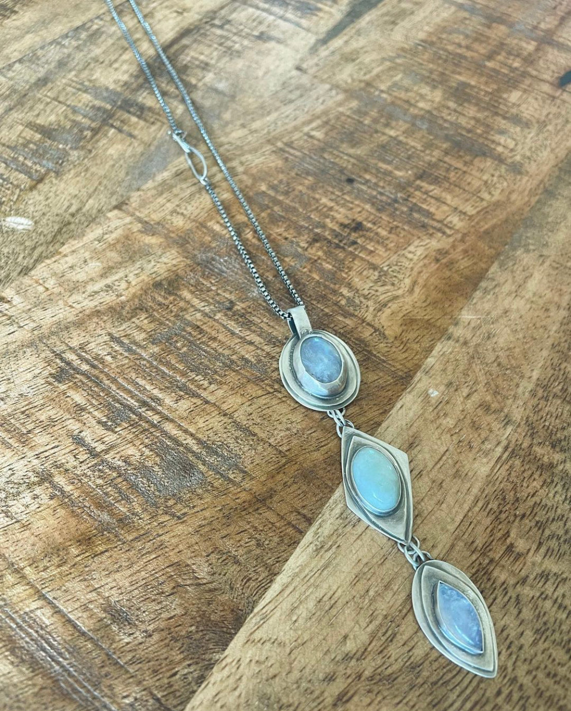 Double Moonstone and Jade Sterling Silver Necklace