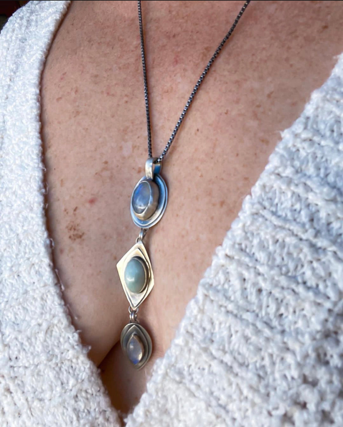 Double Moonstone and Jade Sterling Silver Necklace