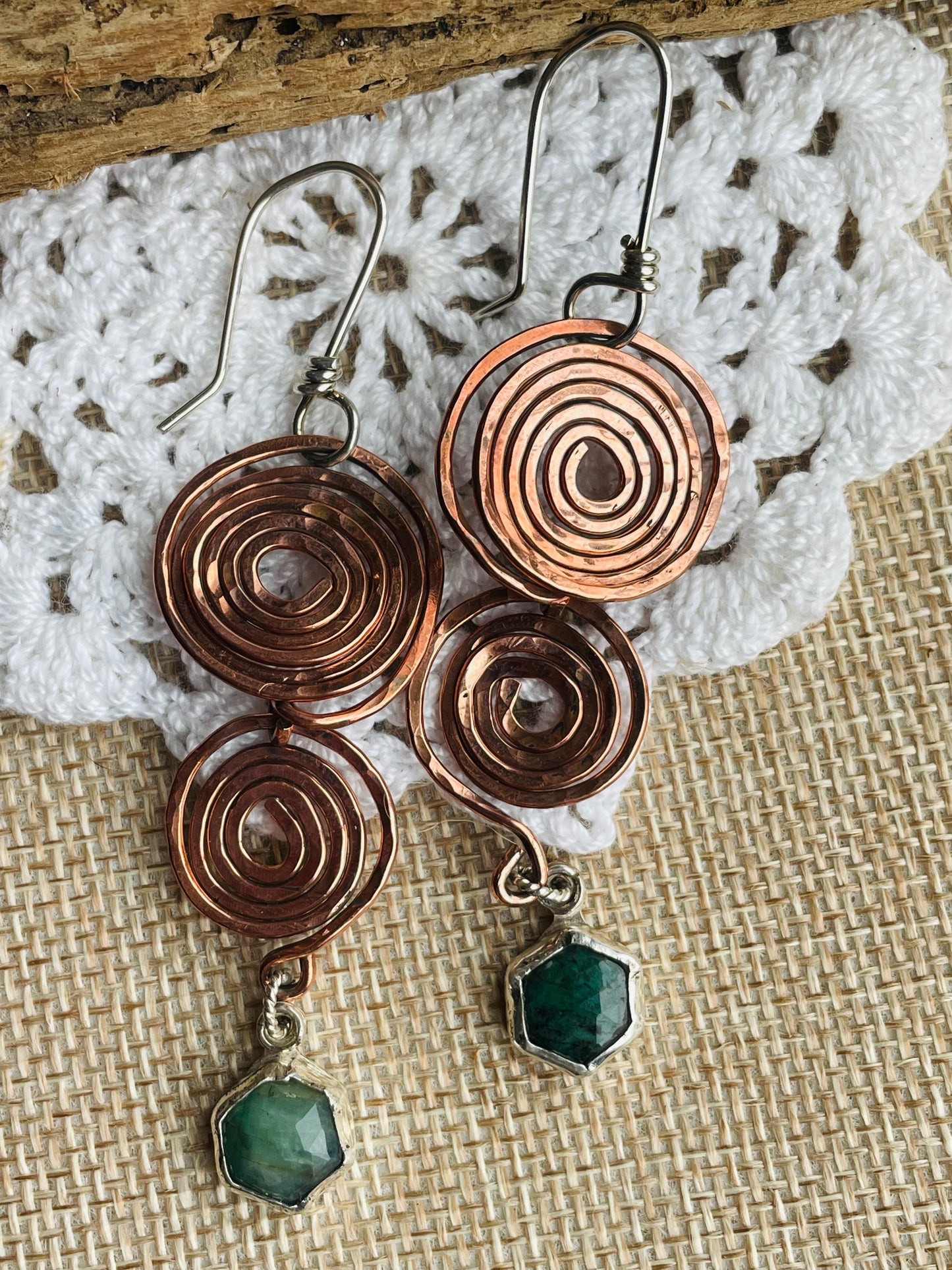 Double Copper "Swirly-Gigs" with Milky Emerald