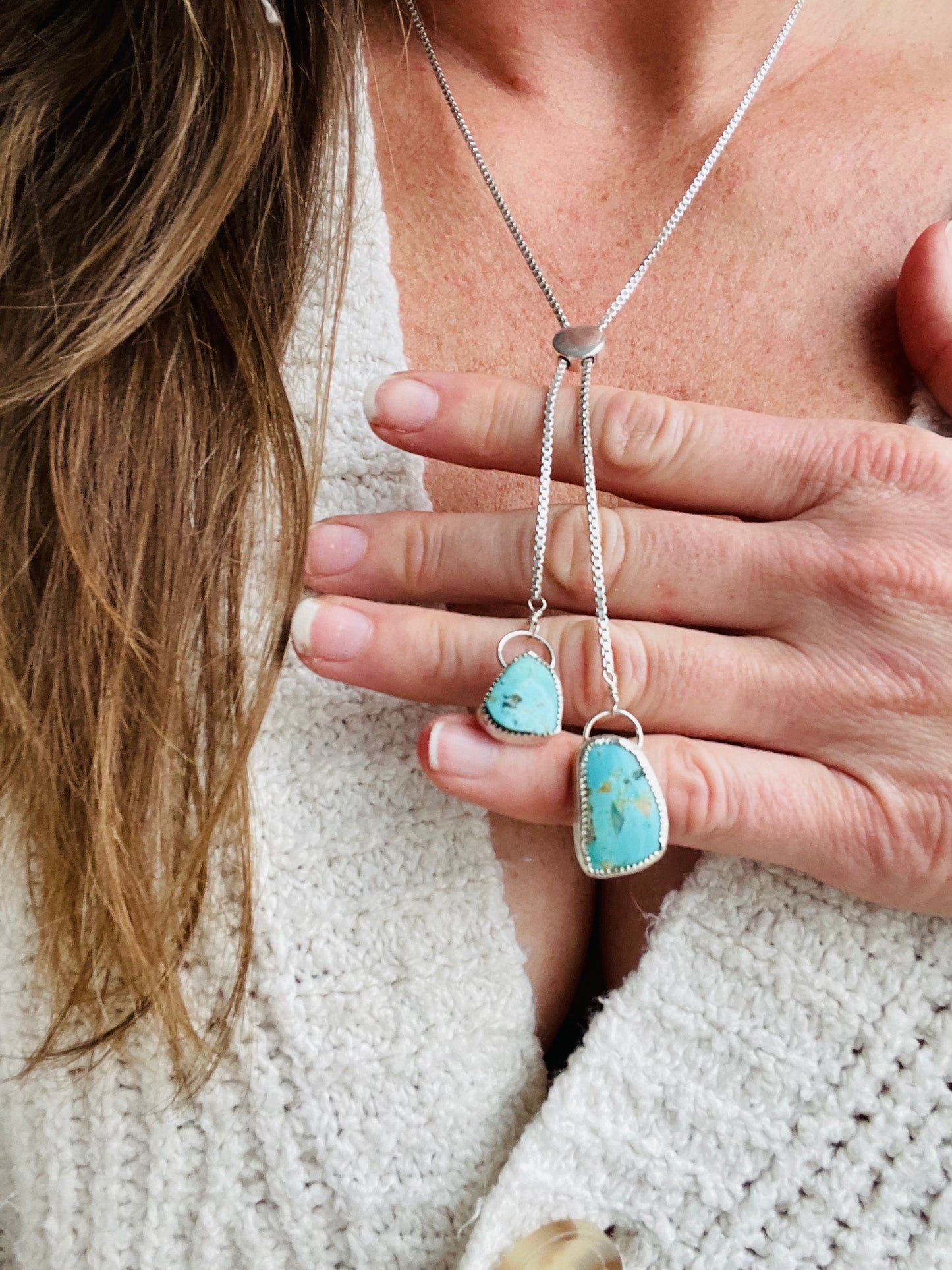 Sterling Silver Lariat with Two Turquoise Stones