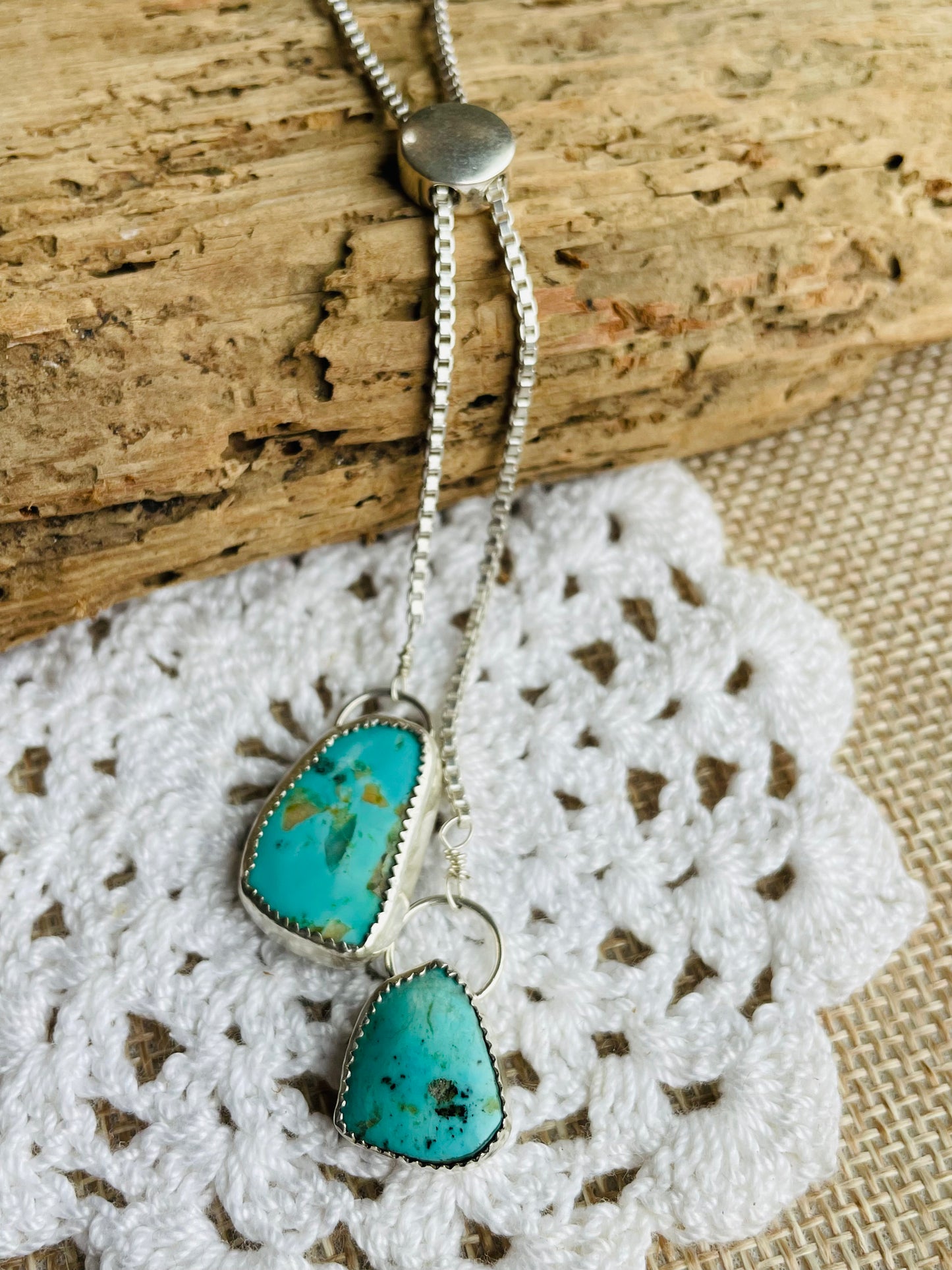 Sterling Silver Lariat with Two Turquoise Stones