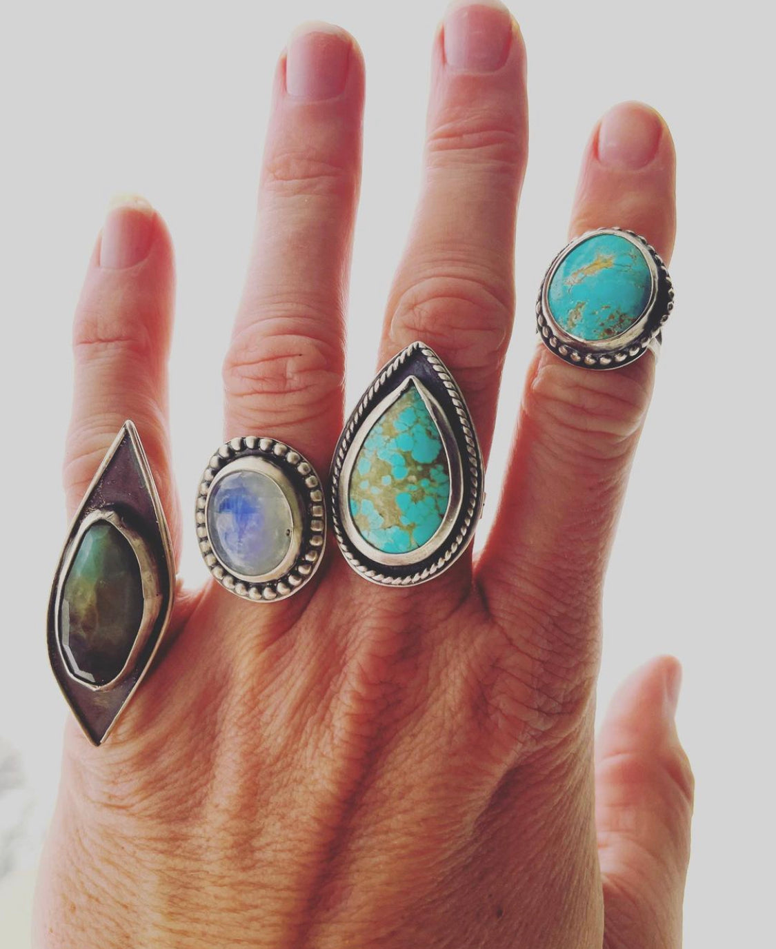 Past Collection of Rings using Amazonite, Moonstone and Various Turquoise