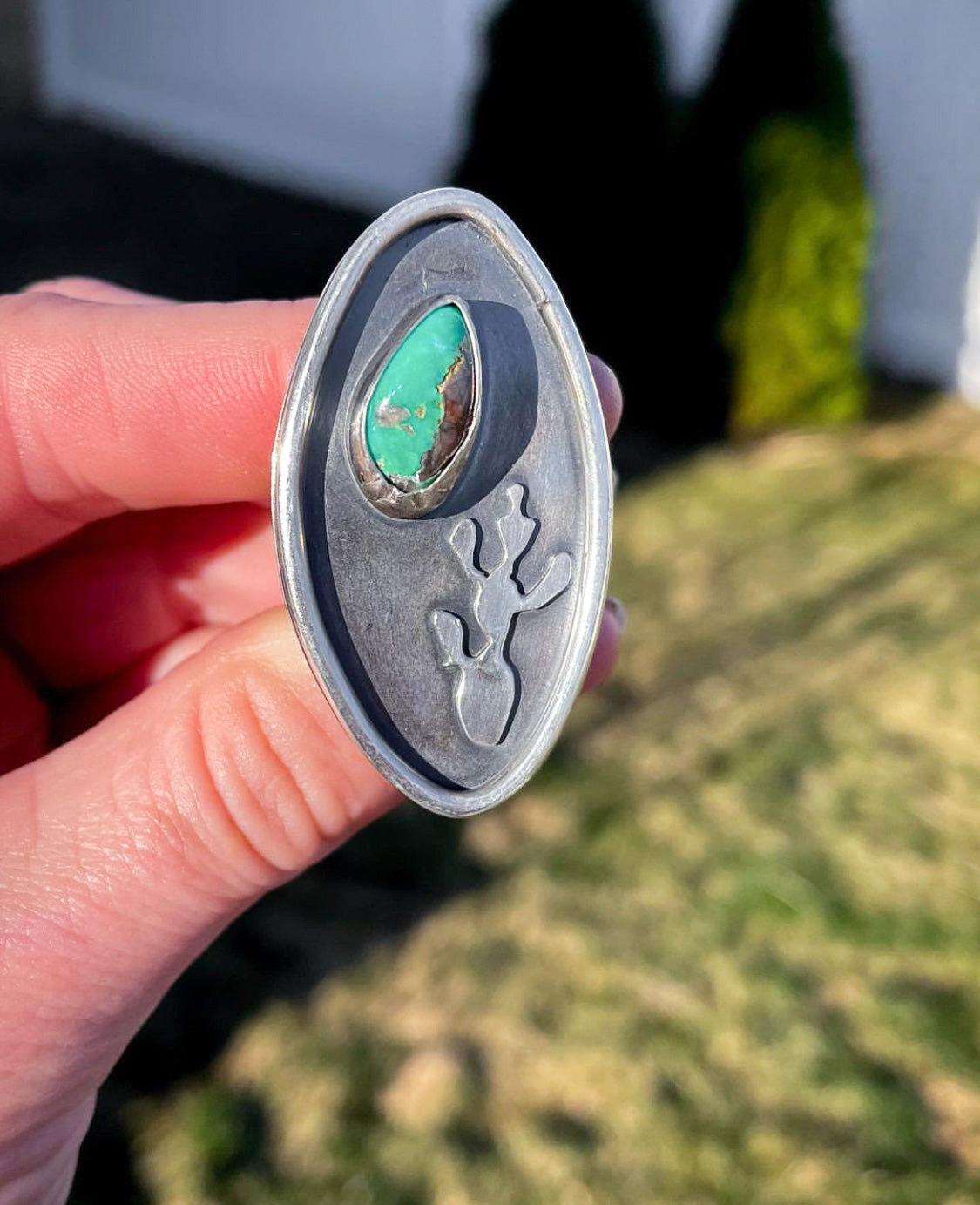 Thick Hammered Sterling Silver Ring with a Little Prickly Pear Cacti and Turquoise Stone (Size 8.5)