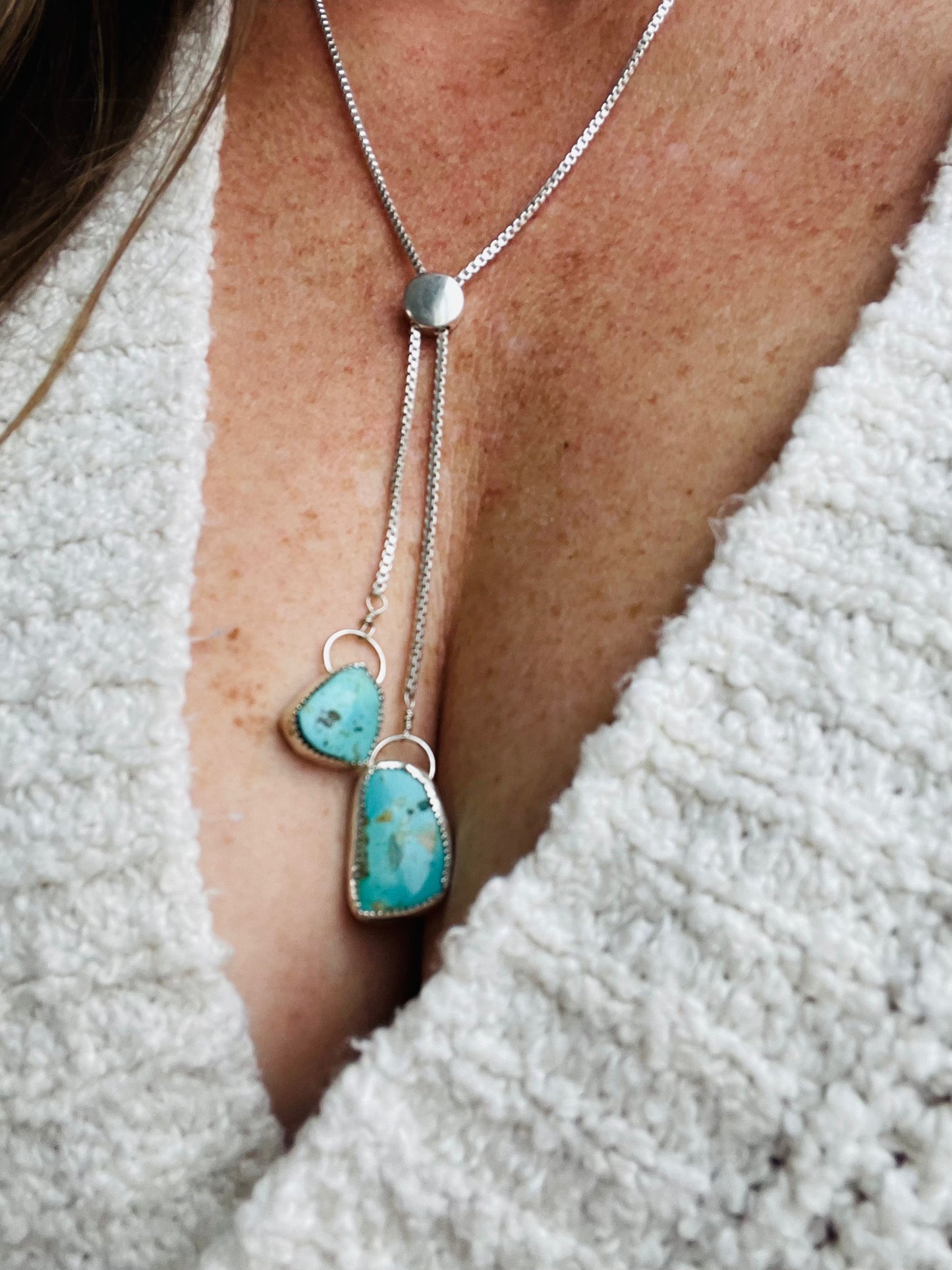 Sterling Silver Lariat with Two Turquoise Stones